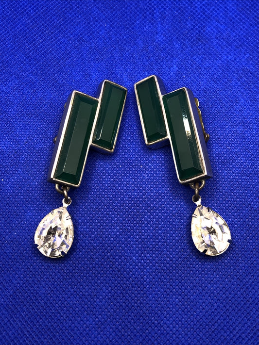 Modernist Runway Couture Silver Tone Green Glass Crystal Statement Drop Earrings
