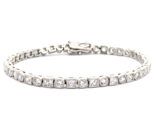 Designer 925 Sterling Silver Round Square Cubic Zirconia Tennis Bracelet