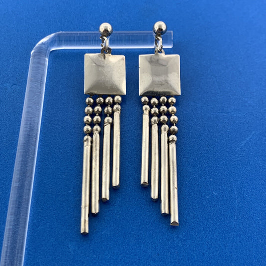 Stunning Silver Toned Metal Square Swinging Rods Stud Dangle Earrings