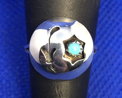 Native American Signed 925 Sterling Silver Turquoise Cabochon Storyteller Ring