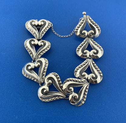 Mid Century Melesio Villareal Taxco 950 Silver Heart Scroll Infinity Bracelet