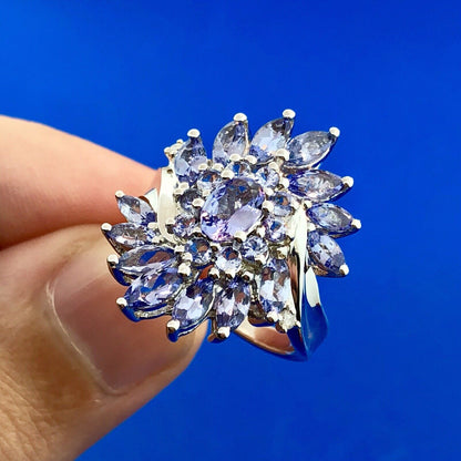 Stunning Designer JS 925 Sterling Silver Tanzanite Diamond Floral Cluster Ring