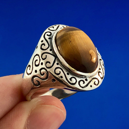 Designer 925 Sterling Silver Tiger Eye Cabochon Heart Scroll Concho Style Ring