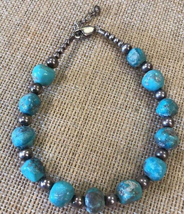 Vintage Artisan Sterling Silver 925 Natural Turquoise Bead Bracelet