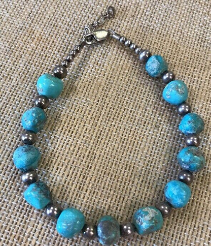 Vintage Artisan Sterling Silver 925 Natural Turquoise Bead Bracelet