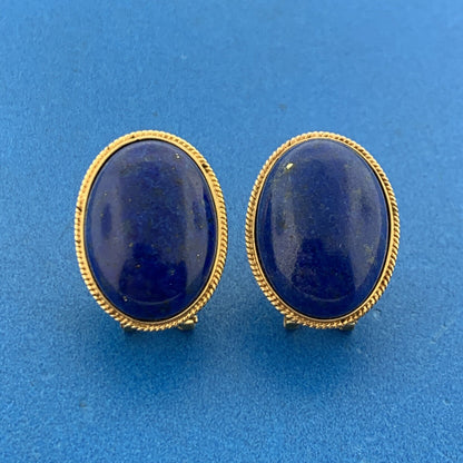 Vintage 14K Yellow Gold Lapis Lazuli Cabochon Statement Omega Back Earrings