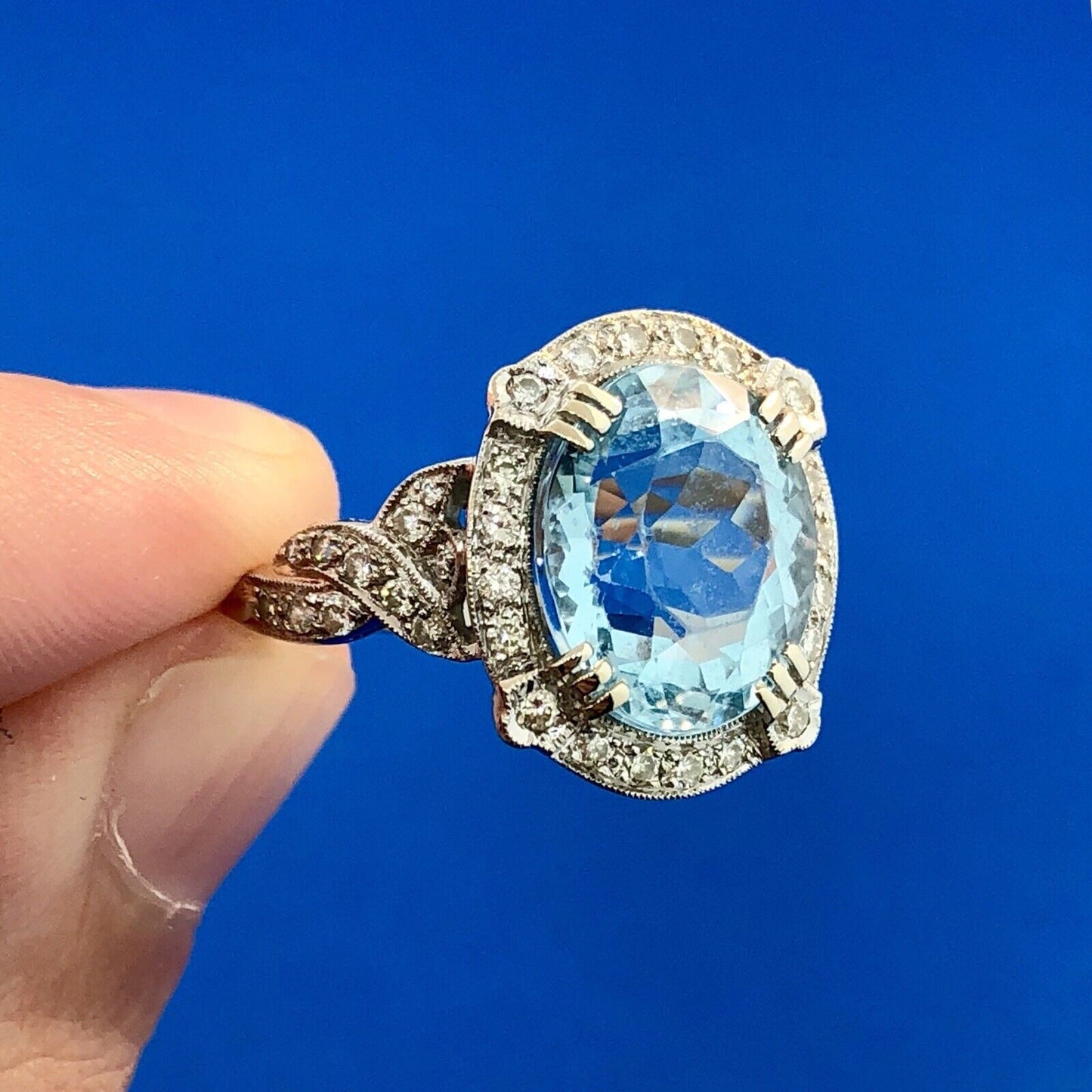 Lovely 18K White Gold Swiss Blue Topaz Diamond Halo December Statement Ring