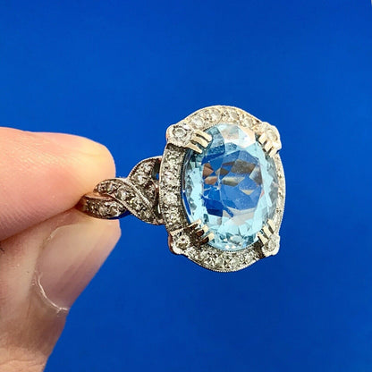 Lovely 18K White Gold Swiss Blue Topaz Diamond Halo December Statement Ring