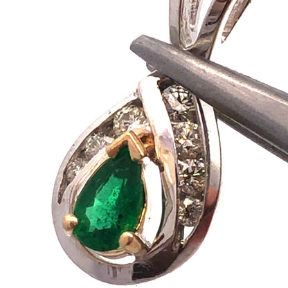 Designer 14K White Gold Pear Emerald Round Diamond Petite Pendant