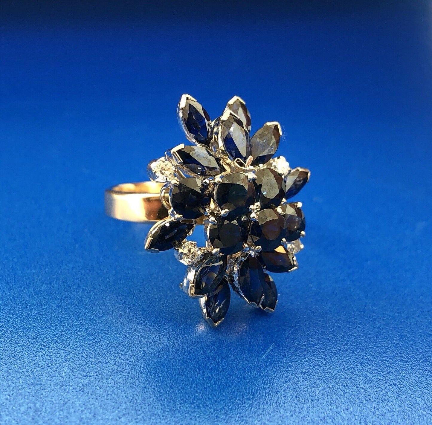 Estate 1982 14K Yellow Gold Sapphire Diamond Waterfall Cluster Statement Ring