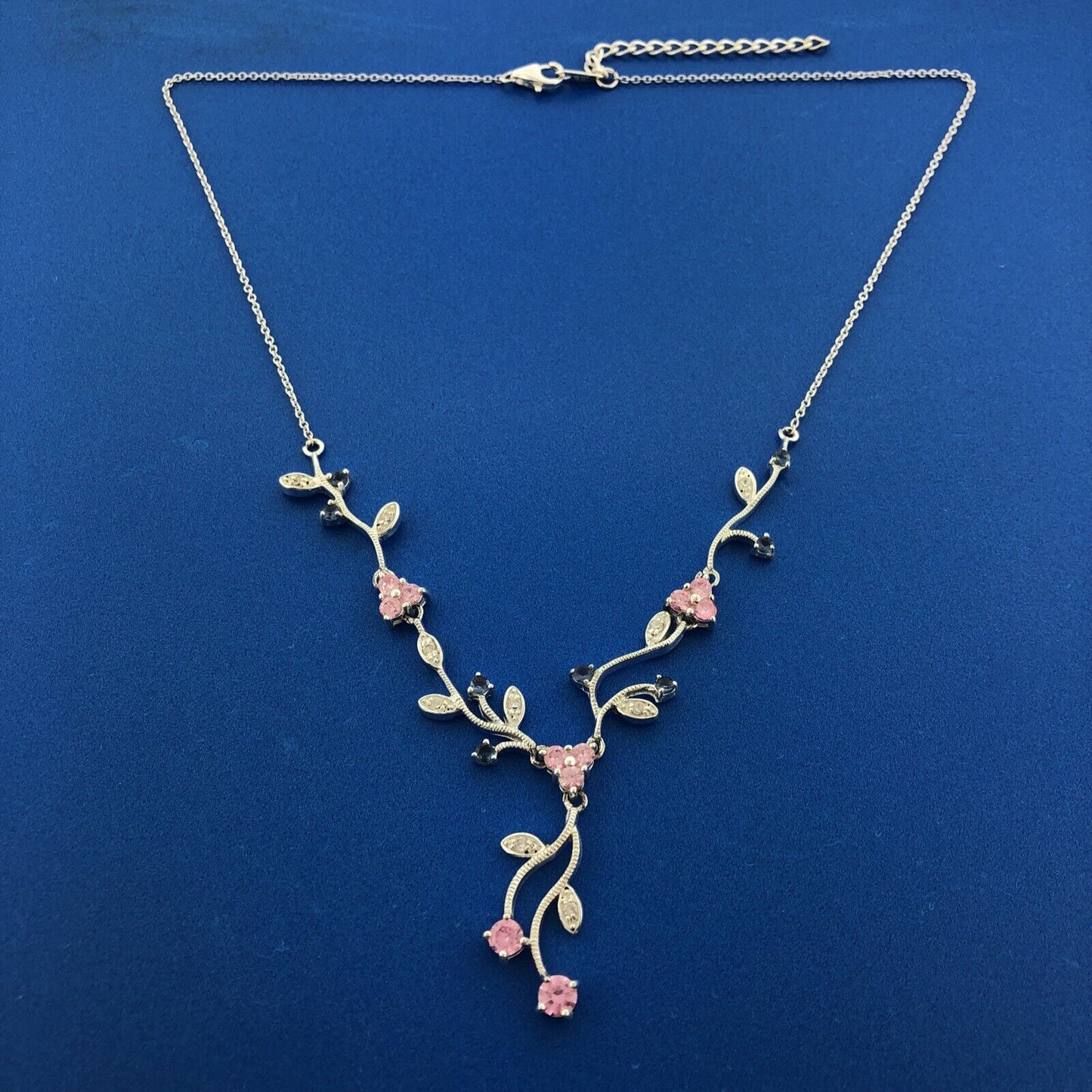Exquisite Sterling Silver 925 Blue Pink White CZ Floral Scroll Drop Necklace