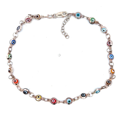 Estate 925 Sterling Silver Multicolor Evil Eye Bead Round Link 8.75" Bracelet