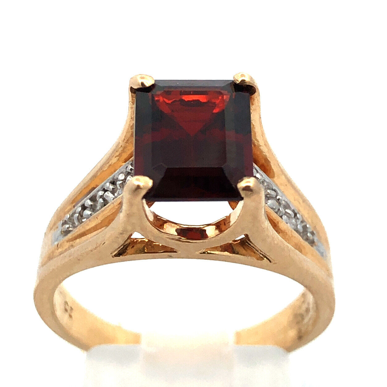 Designer 14K Yellow Gold Emerald Cut Garnet Round Diamond Accent Cocktail Ring