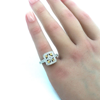 14K White Gold QJM Filigree Yellow White Diamonds Art Deco Style Statement Ring