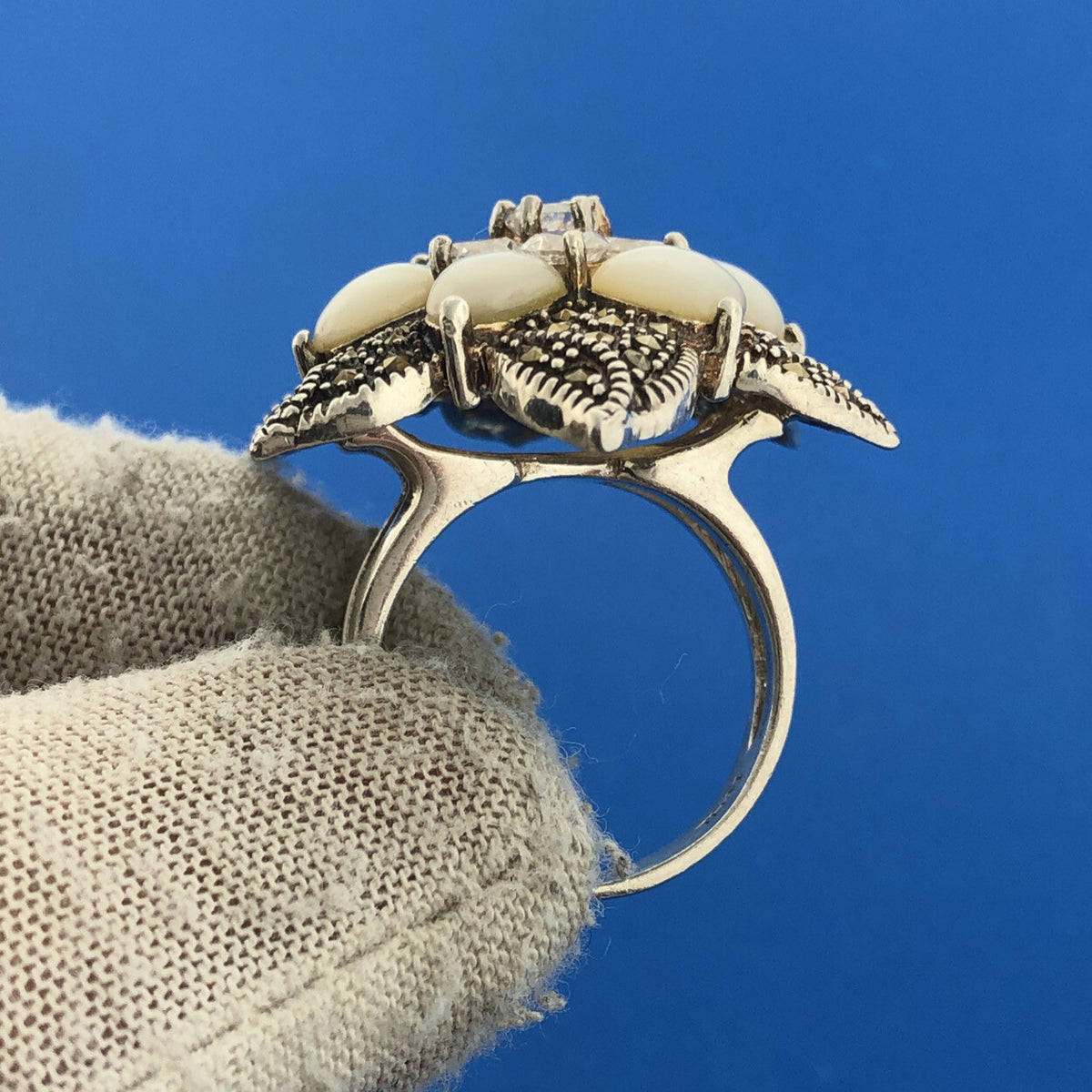 Sterling Silver FAS Cubic Zirconia CZ Moonstone Marcasite Flower Floral Ring
