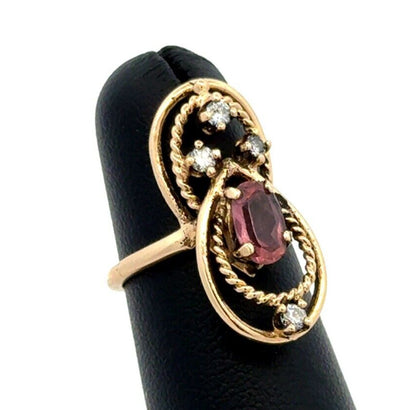 Vintage 14K Yellow Gold Oval Purple Amethyst Diamond Art Deco Ring