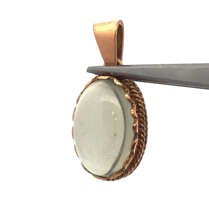 Vintage Art Deco 14K Yellow Gold Gray Green Quartz Cabochon Oval Charm Pendant