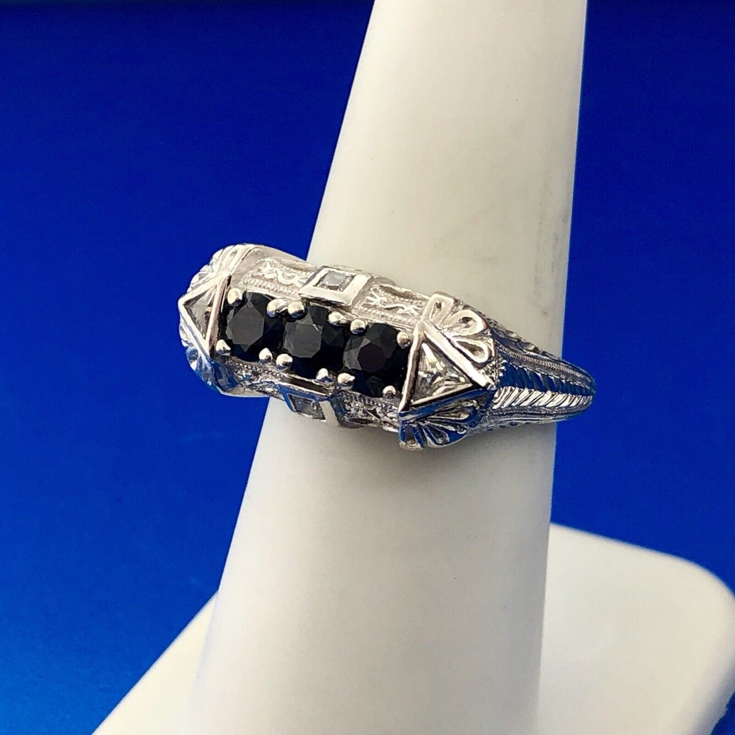 Art Deco Designer 14K White Gold Sapphire Cubic Zirconia CZ Anniversary Ring