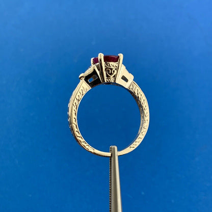 Designer 14K White Gold Oval Ruby Diamond Trillion Accented July Cocktail Ring