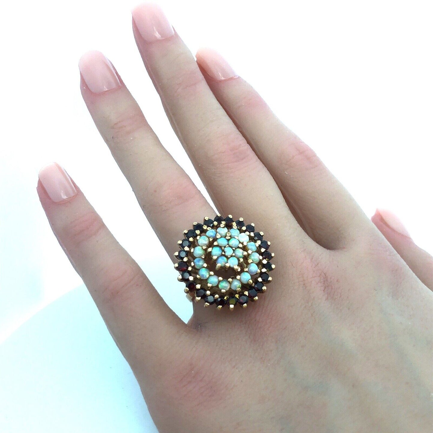 Lovely 14k Yellow Gold White Opal Garnet Floral Circle Cluster Dome Ring Size 7