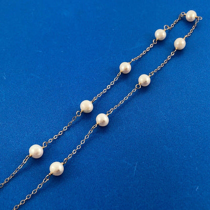 Gorgeous 14k Yellow Gold 6 mm White Pearl Thin Oval Link 16" Chain Necklace