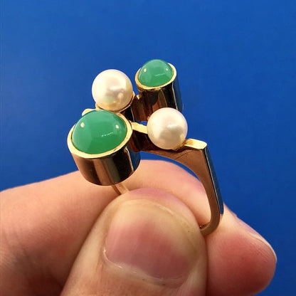 Retro 14K Germany Pearl Tourmaline Modernist Abstract Free Form Cocktail Ring