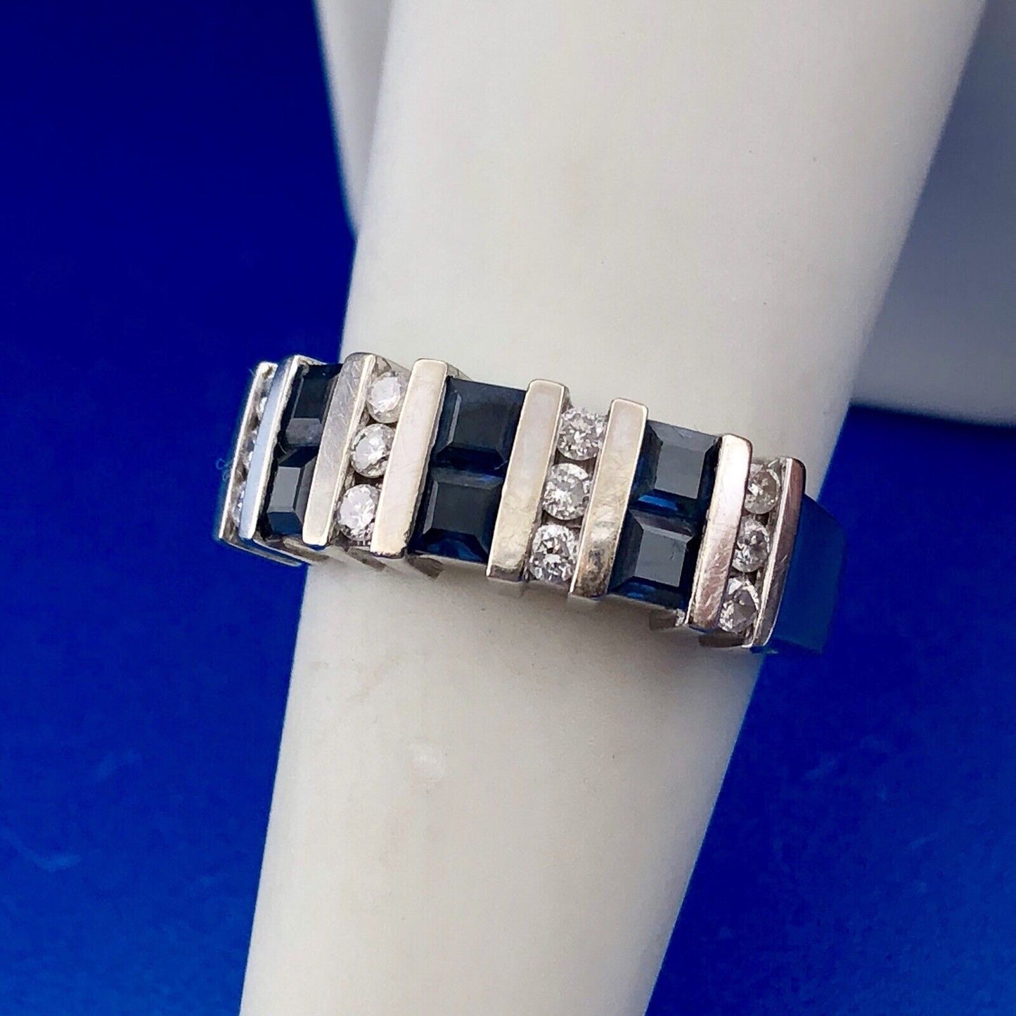 Retro Designer 14K White Gold Diamond Sapphire Channel Set Tapered Band Ring