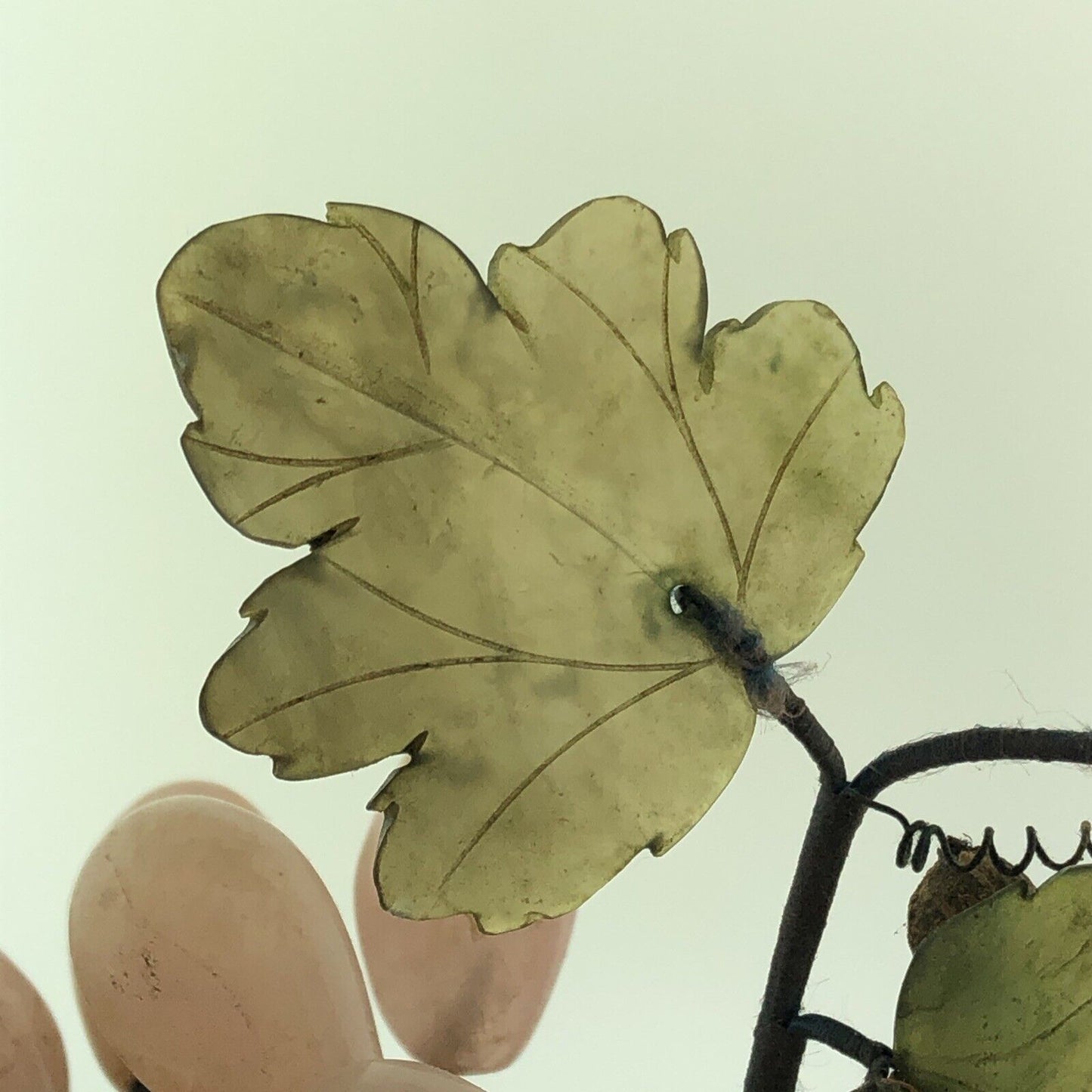 Mid Century Rose Quartz Grape Cluster Hand Carved Jade Leaves Decorative