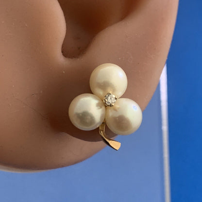 Vintage 14K Yellow Gold Pearl Trio Grape Cluster Diamond Accented Stud Earrings
