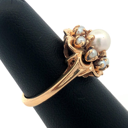 Vintage 14K Yellow Gold Pearl Solitaire With Pearl Halo Anniversary Ring