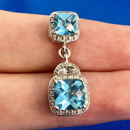 Stunning 14K White Gold Blue Topaz Diamond Aquamarine Accent Double Drop Pendant