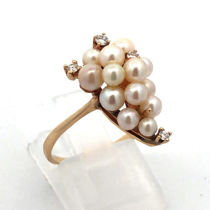 Vintage 14K Yellow Gold Pearl Diamond Cluster Ring