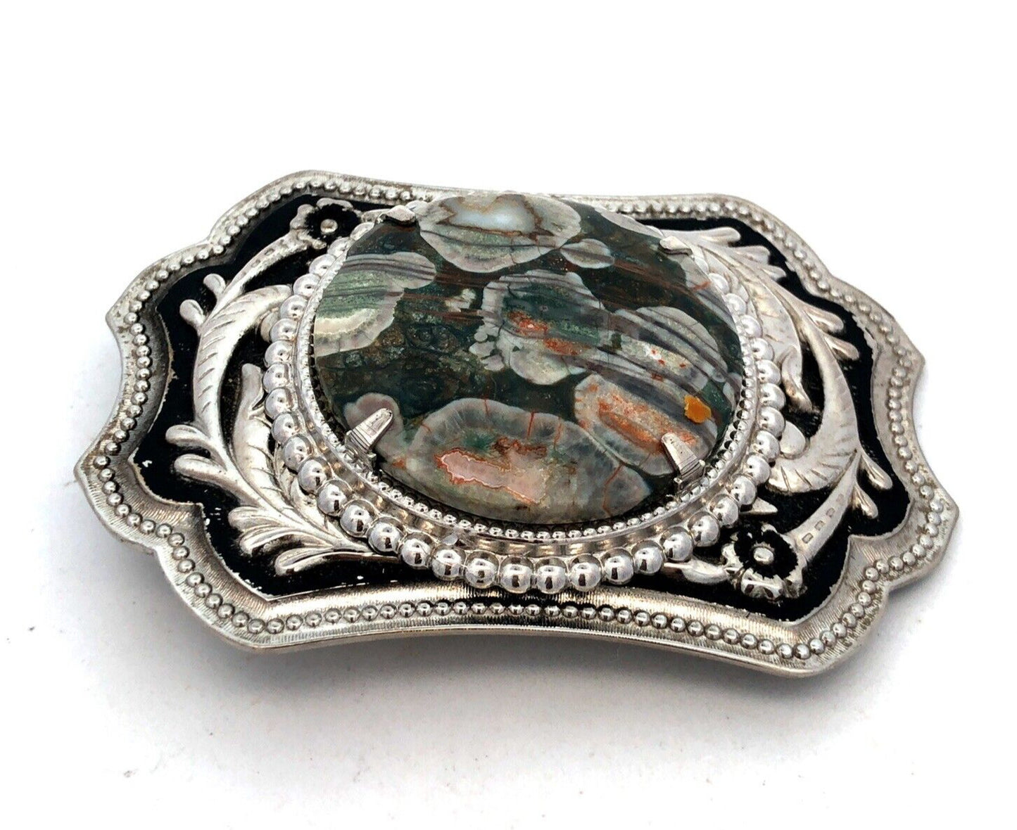 Southwestern Silver Tone Turitella Agate Floral Design Statement Belt Buckle