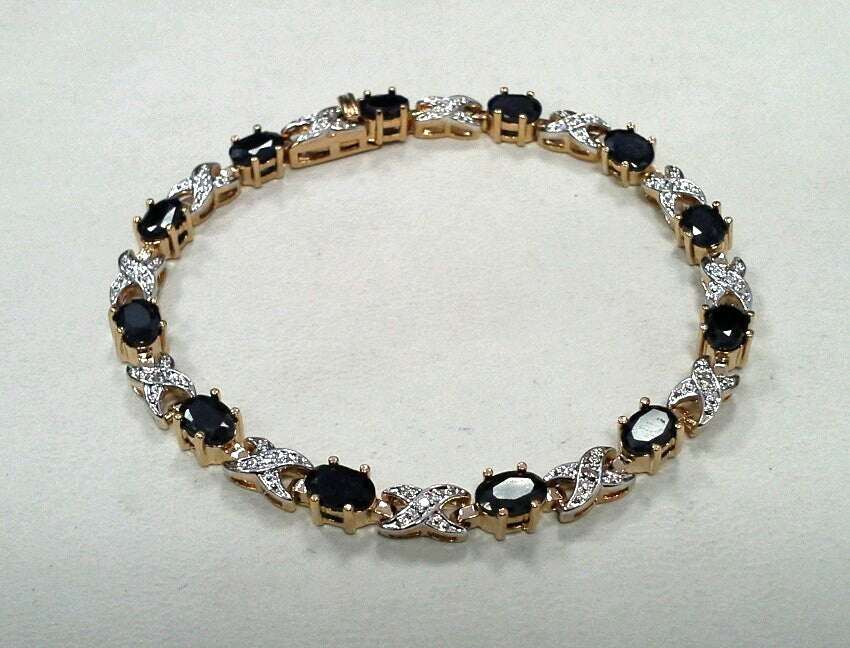 Retro Sterling Silver Vermeil 925 Oval Sapphire X O Two Toned Tennis Bracelet