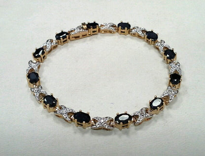 Retro Sterling Silver Vermeil 925 Oval Sapphire X O Two Toned Tennis Bracelet