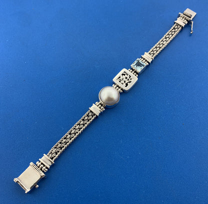 Retro Sterling Silver Mabe Pearl Blue Topaz Balinese Style Statement Bracelet