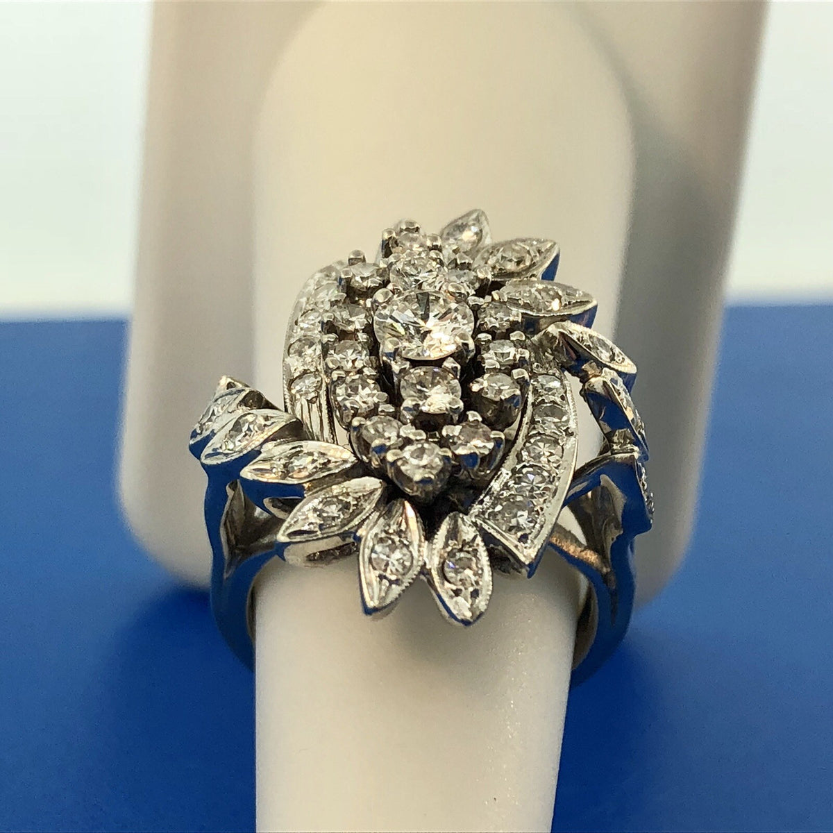 Estate 14K White Gold Diamond Feather Flower Cluster Statement Anniversary Ring
