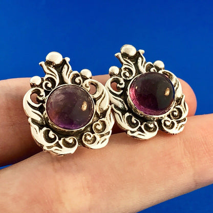 Taxco Ca 1940's ProSa Sterling Silver 925 Amethyst Ornate Screw Back Earrings