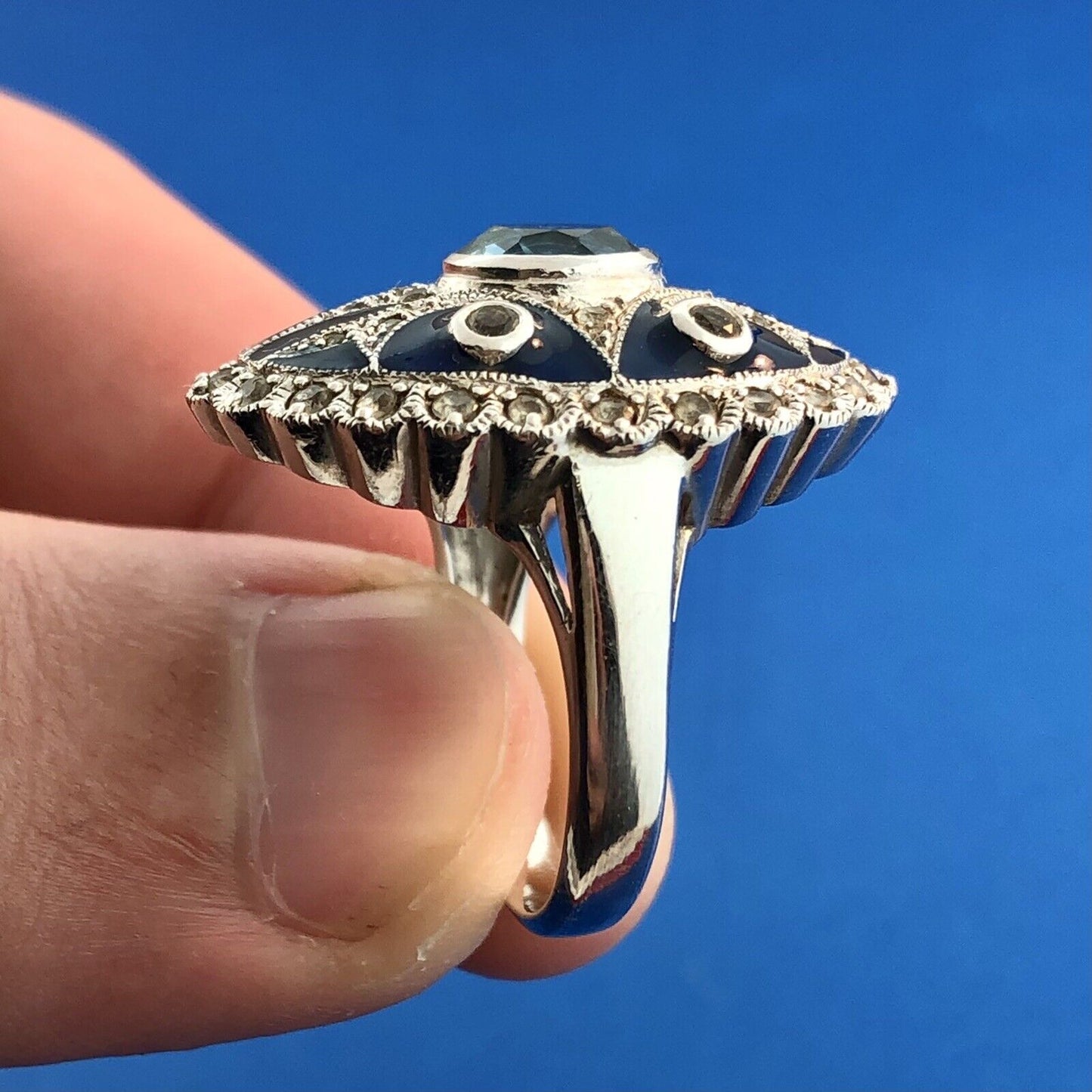 Designer Pd 925 Sterling Silver Blue Topaz White Amethyst Enamel Statement Ring