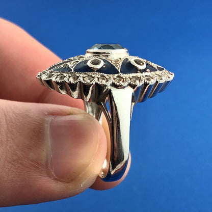 Designer Pd 925 Sterling Silver Blue Topaz White Amethyst Enamel Statement Ring