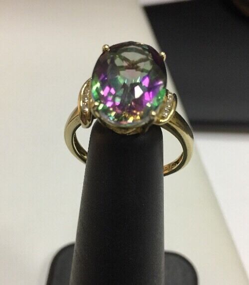 Stunning TJC 14K Yellow Gold Mystic Topaz Diamond Ring Size 6.75