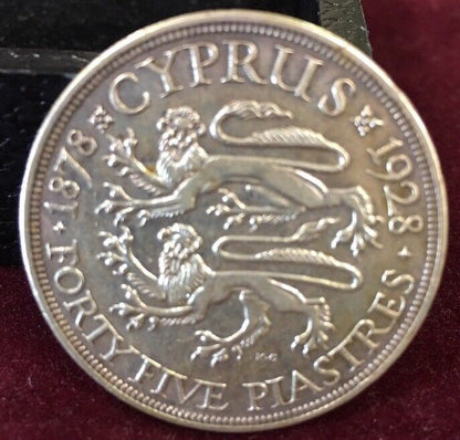 1928 Cyprus Silver 45 Piastres XF Cleaned