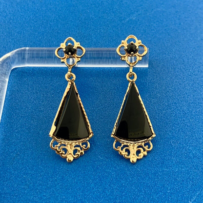 Art Nouveau Art Deco 14K Yellow Gold Black Onyx Scroll Drop Dangle Earrings