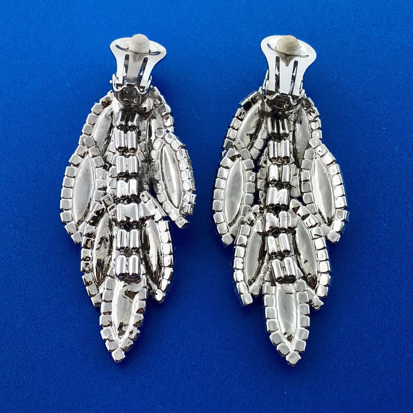 Dramatic Couture Silver Tone Rhinestone 3 Tier Dangle Statement Clip Earrings