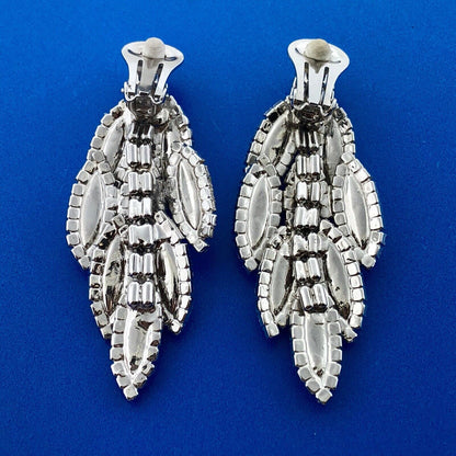 Dramatic Couture Silver Tone Rhinestone 3 Tier Dangle Statement Clip Earrings