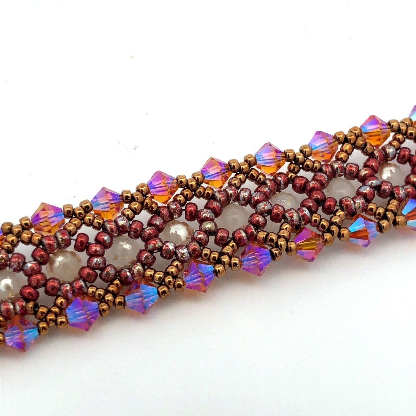 925 Sterling Silver Vintage Faux Pearl Crystal Woven Beaded Bracelet