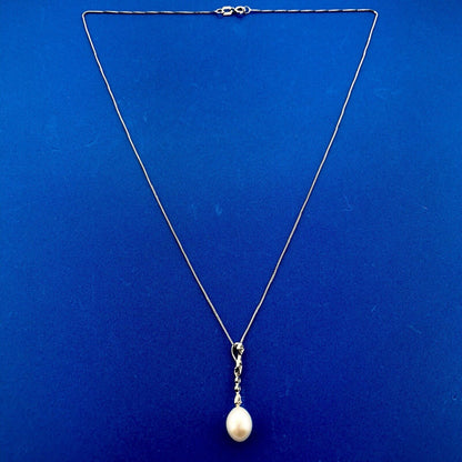 Designer AJ 14K White Gold Diamond Pearl Bridal Pendnat June Wedding Necklace