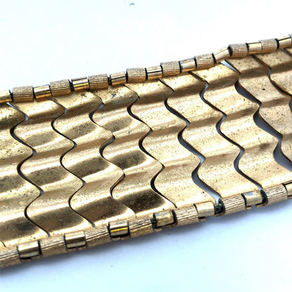Mid Century Modernist Gold Tone Wave Link Wide Cuff Statement Bracelet