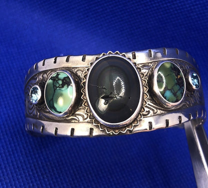 Sterling Silver Multi Stone Life is Good Scroll Design Wavy Open Cuff Bracelet