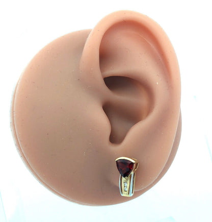 Designer 14K Yellow Gold Trillion Garnet Diamond Accented Stud Earrings